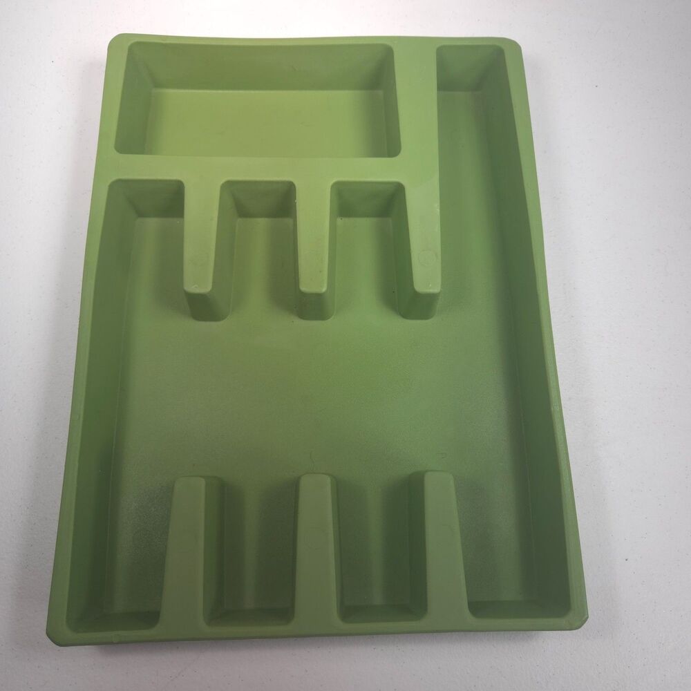 Vintage 1970s Avocado Green Plastic Silverware Flatware Tray MCM